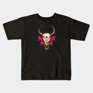 Bull Sugar Skull with Pink Roses Kids T-Shirt